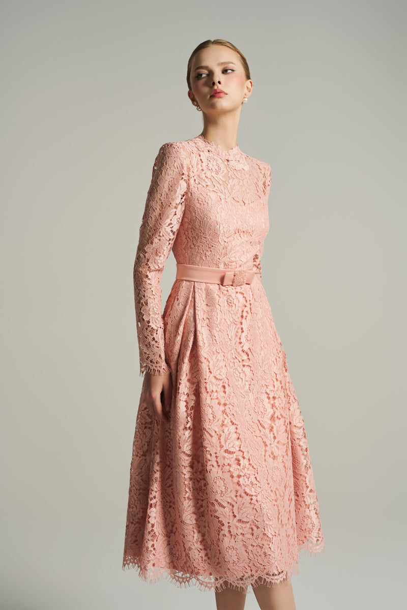 Long Sleeve Lace Dress With Bow Belt IHF STUDIO Long Sleeve Lace Dress With Bow Belt IHF STUDIO