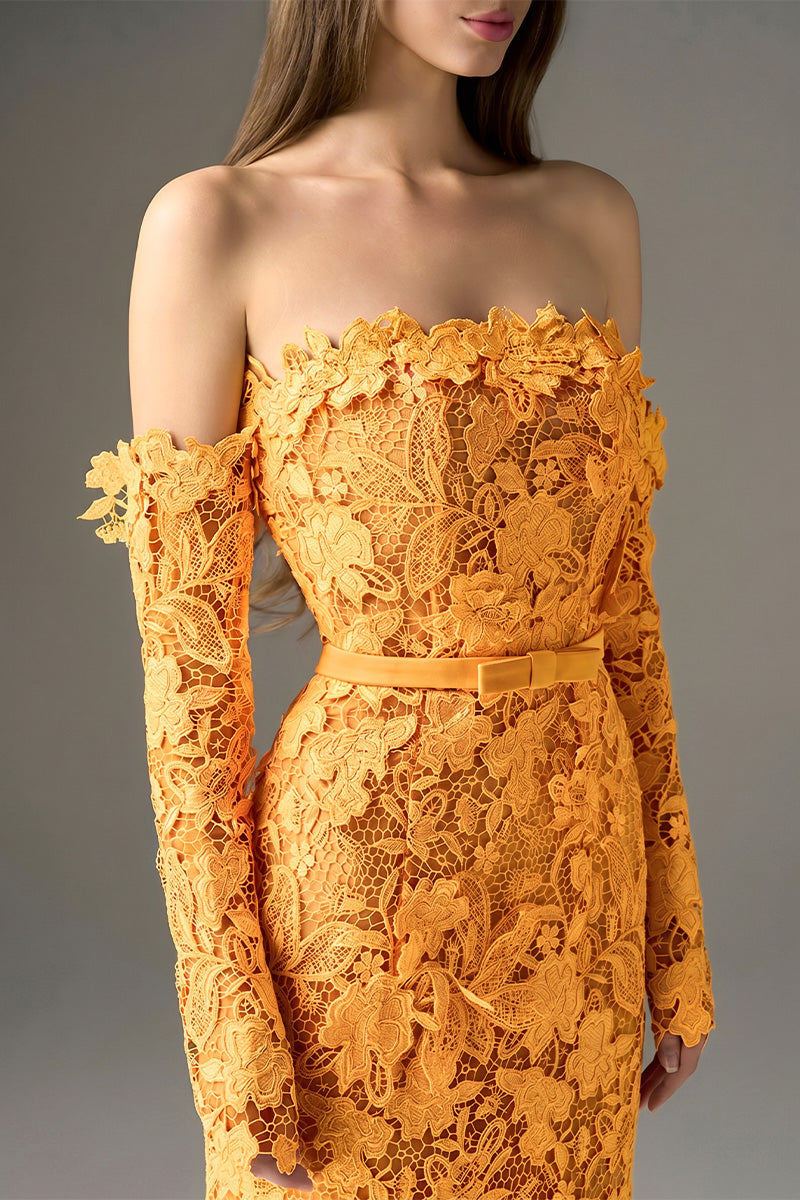 orange floral off the shoulder dress Lady Black Tie - A1466 - Floral Printed Off The Shoulder A-line Dress - Andrea & Leo