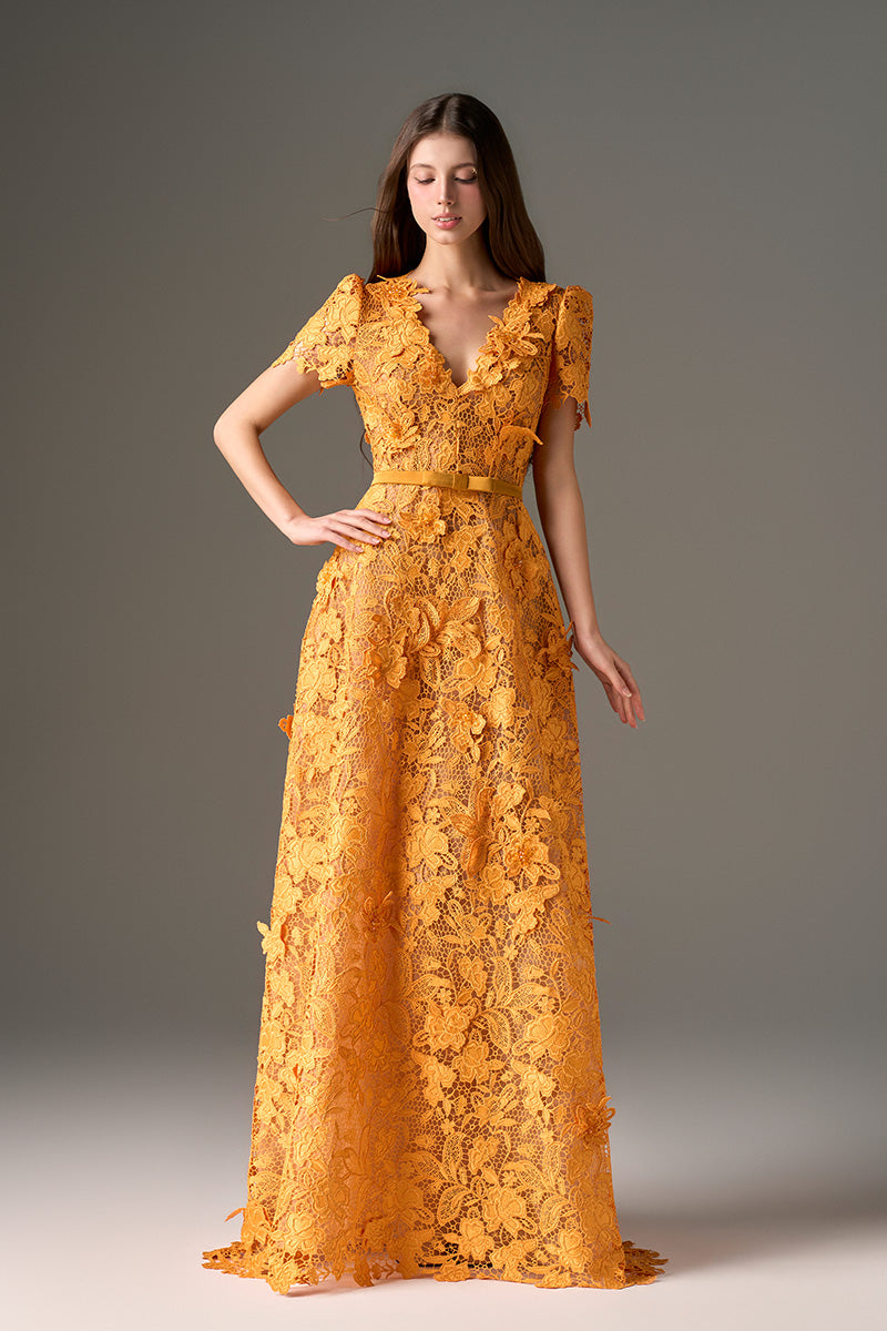 Orange Lace A-line Maxi Dress, Short Sleeves