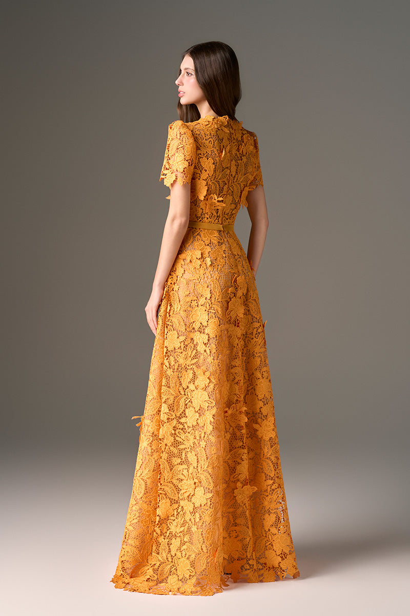 Orange Lace A-line Maxi Dress, Short Sleeves