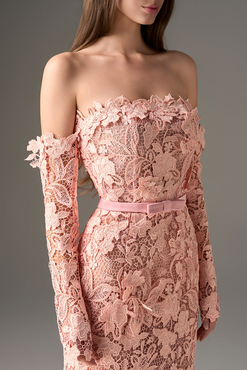 Light Pink Floral Garden Lace Off-Shoulder Dress with Long Sleeves IHF STUDIO Light Pink Floral Garden Lace Off-Shoulder Dress with Long Sleeves IHF STUDIO