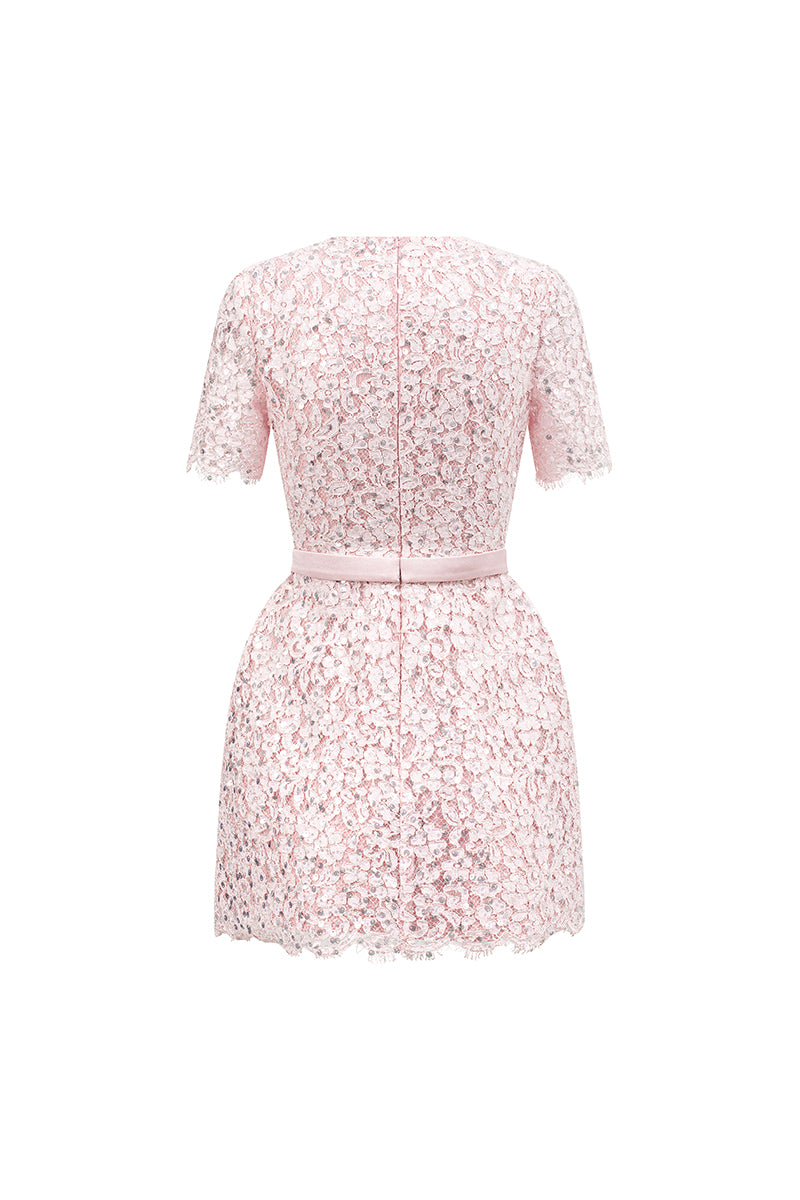 Sequin Floral Lace Short-Sleeve Structured Puffy Mini Dress IHF STUDIO Sequin Floral Lace Short-Sleeve Structured Puffy Mini Dress IHF STUDIO