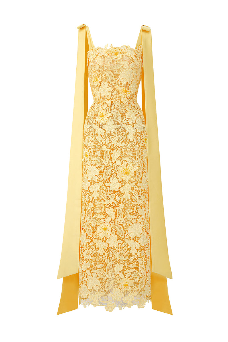 Yellow Floral Garden Lace Column Dress with Bow Straps – IHF STUDIO