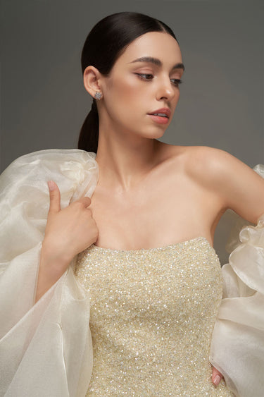 Beige Crystal-Embellished Bell-Silhouette Mini Corset Dress - IHF STUDIO