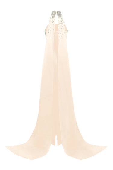 Beige Crystal-Embellished Corset Maxi Dress with Detachable Train - IHF STUDIO
