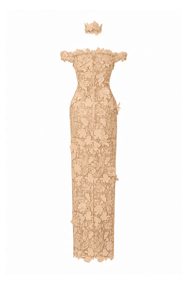 Beige Floral Garden Lace bustier column dress with off-shoulder details - IHF STUDIO