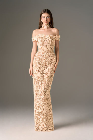 Beige Floral Garden Lace bustier column dress with off-shoulder details - IHF STUDIO