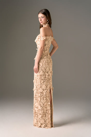 Beige Floral Garden Lace bustier column dress with off-shoulder details - IHF STUDIO
