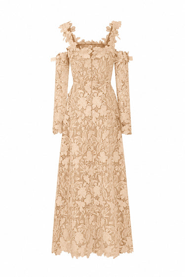 Beige Floral Garden Lace off-shoulder A-line dress with long sleeves - IHF STUDIO