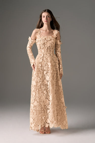 Beige Floral Garden Lace off-shoulder A-line dress with long sleeves - IHF STUDIO