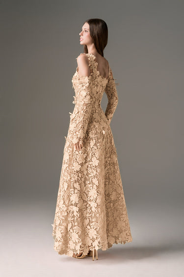 Beige Floral Garden Lace off-shoulder A-line dress with long sleeves - IHF STUDIO