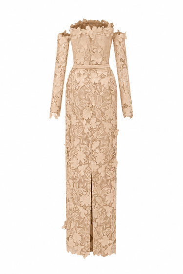 Beige Floral Garden Lace off-shoulder column dress with long sleeves - IHF STUDIO