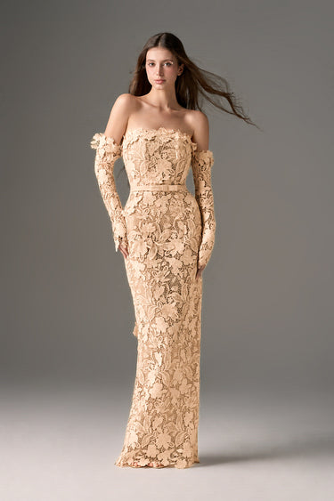 Beige Floral Garden Lace off-shoulder column dress with long sleeves - IHF STUDIO