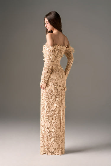 Beige Floral Garden Lace off-shoulder column dress with long sleeves - IHF STUDIO