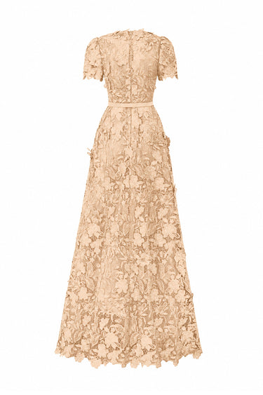 Beige Floral Garden Lace short-sleeve A-line maxi dress with V-neckline - IHF STUDIO