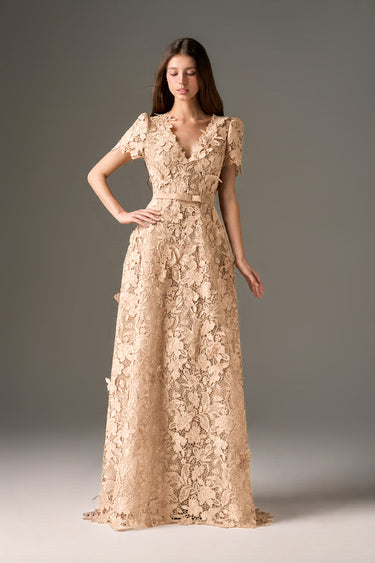 Beige Floral Garden Lace short-sleeve A-line maxi dress with V-neckline - IHF STUDIO
