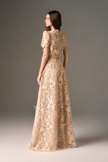 Beige Floral Garden Lace short-sleeve A-line maxi dress with V-neckline - IHF STUDIO