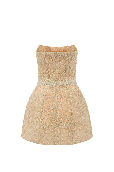 Beige Floral Mesh Lace Corset Bell-Shaped Mini Dress with Crystal Waist Embellishment - IHF STUDIO