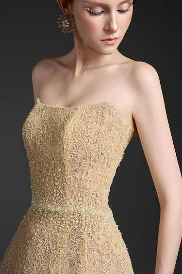 Beige Floral Mesh Lace Corset Bell-Shaped Mini Dress with Crystal Waist Embellishment - IHF STUDIO