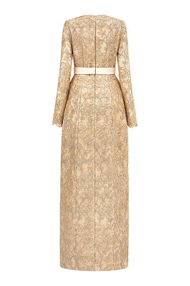 Beige guipure lace maxi dress with high neckline and sheer long sleeves - IHF STUDIO