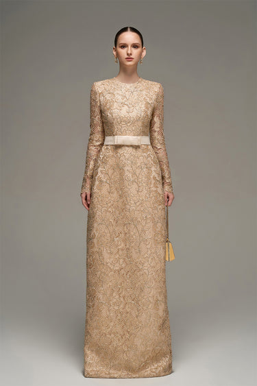 Beige guipure lace maxi dress with high neckline and sheer long sleeves - IHF STUDIO