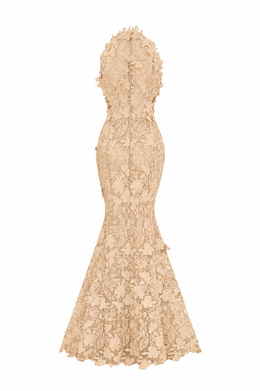 Beige maxi Floral Garden Lace mermaid dress with halter neck and waist cut-out details - IHF STUDIO