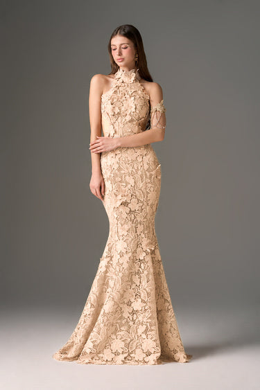 Beige maxi Floral Garden Lace mermaid dress with halter neck and waist cut-out details - IHF STUDIO