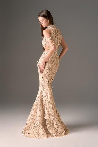Beige maxi Floral Garden Lace mermaid dress with halter neck and waist cut-out details - IHF STUDIO