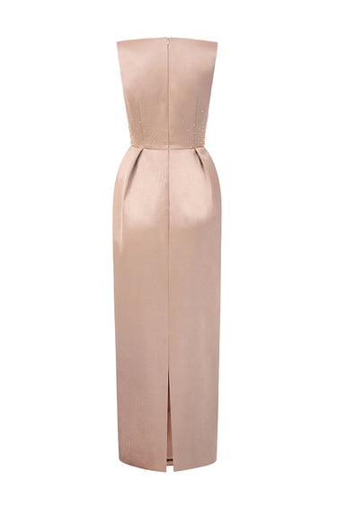 Beige Silk Taffeta Midi Column Dress With Square Neck And Mini Bow Detail - IHF STUDIO