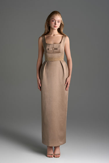 Beige Silk Taffeta Midi Column Dress With Square Neck And Mini Bow Detail - IHF STUDIO