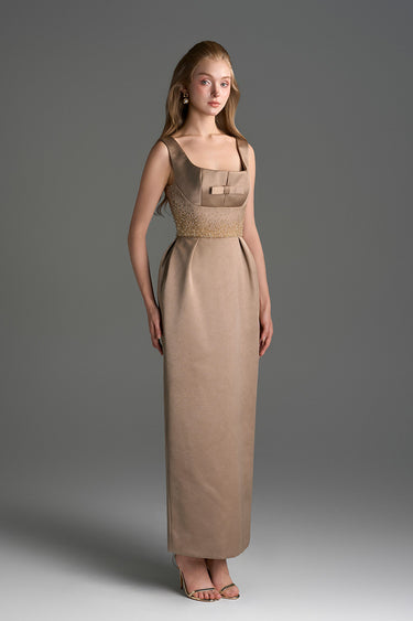 Beige Silk Taffeta Midi Column Dress With Square Neck And Mini Bow Detail - IHF STUDIO