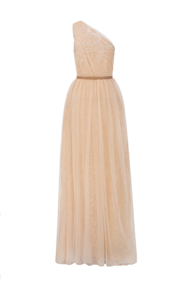 Beige Tiny Floral Mesh Lace One-Shoulder A-Line Dress With Draped Tulle Details - IHF STUDIO
