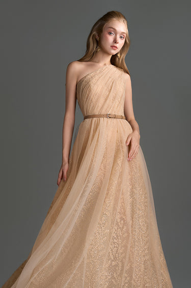 Beige Tiny Floral Mesh Lace One-Shoulder A-Line Dress With Draped Tulle Details - IHF STUDIO