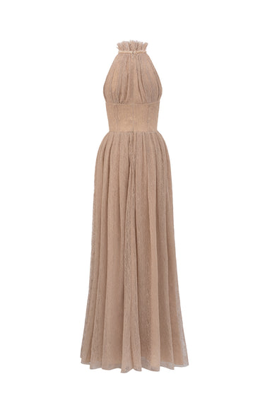 Beige Vine Guipure Lace A-Line Dress With Ruffle Collar - IHF STUDIO