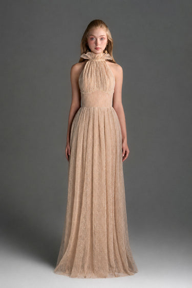 Beige Vine Guipure Lace A-Line Dress With Ruffle Collar - IHF STUDIO