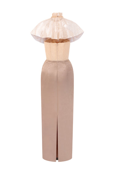 Beige Vine Guipure Lace And Silk Taffeta Bustier Midi Column Dress With Mini Cape - IHF STUDIO