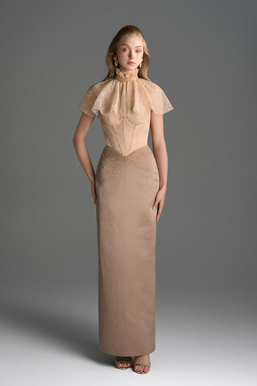 Beige Vine Guipure Lace And Silk Taffeta Bustier Midi Column Dress With Mini Cape - IHF STUDIO
