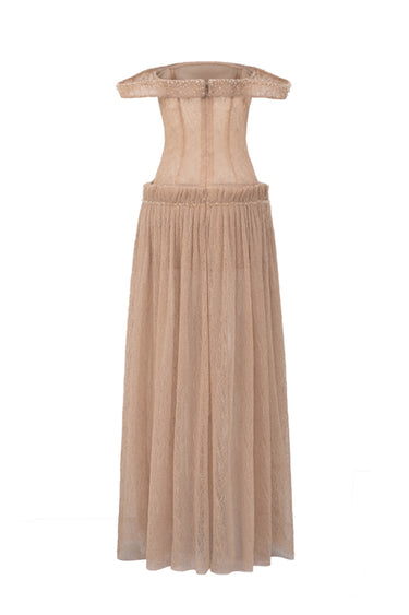Beige Vine Guipure Lace Off-Shoulder A-Line Dress With Horizontal Train - IHF STUDIO