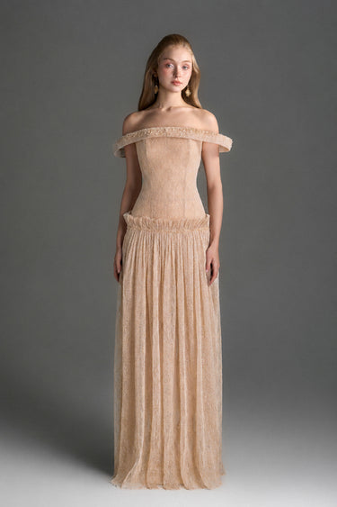 Beige Vine Guipure Lace Off-Shoulder A-Line Dress With Horizontal Train - IHF STUDIO