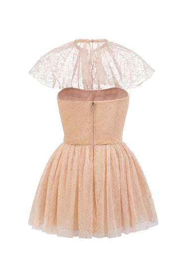 Beige Vine Guipure Mini Flared Dress with Cape - IHF STUDIO