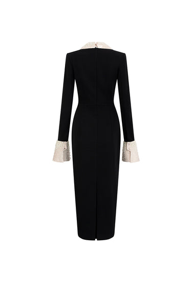 Black & Beige Long-Sleeved Black Crepe With Beige Wing Cuff Midi Dress - IHF STUDIO
