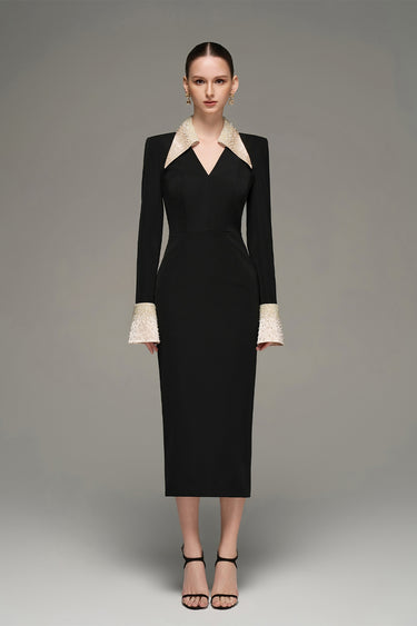 Black & Beige Long-Sleeved Black Crepe With Beige Wing Cuff Midi Dress - IHF STUDIO