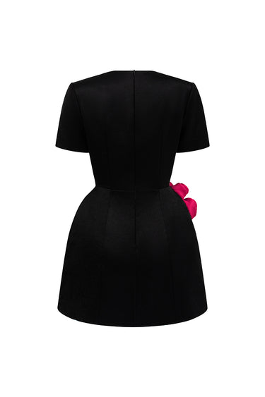 Black & Pink Crystal-Embellished Structured Mini Dress With Rolled Rose Appliqués - IHF STUDIO