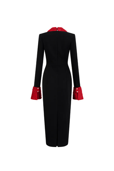 Black & Red Long-Sleeved Black Crepe With Red Wing Cuff Midi Dress - IHF STUDIO