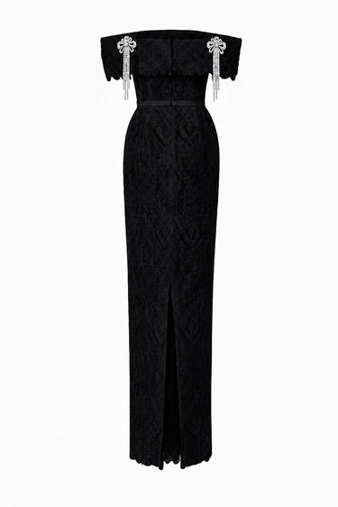 Black Architectural Lace Off-Shoulder Dress With Crystal Embellishment - IHF STUDIO
