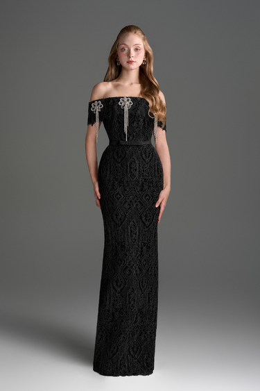 Black Architectural Lace Off-Shoulder Dress With Crystal Embellishment - IHF STUDIO