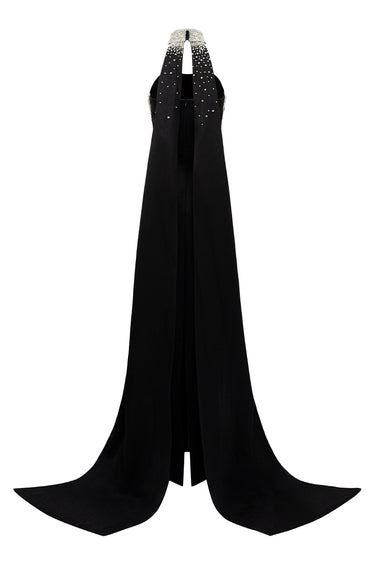 Black crystal-embellished corset maxi dress with sculpted bodice and detachable train - IHF STUDIO