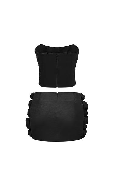 Black crystal-embellished corset top with handmade rolled-rose mini skirt.