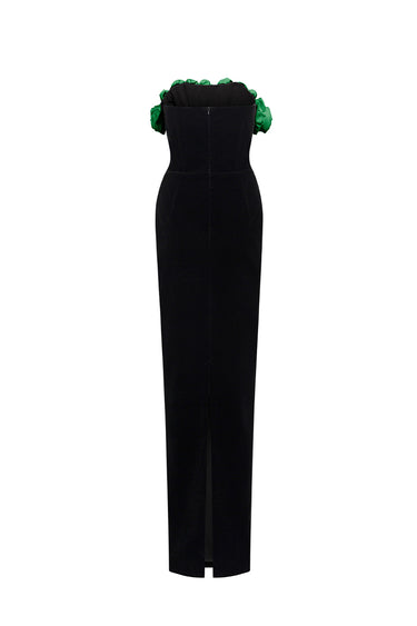 Black & Dark Green Off-Shoulder Rosette Column Gown - IHF STUDIO