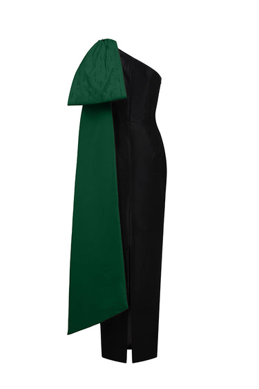 Black & Dark Green One-Bow Shoulder Taffeta Sheath Dress - IHF STUDIO